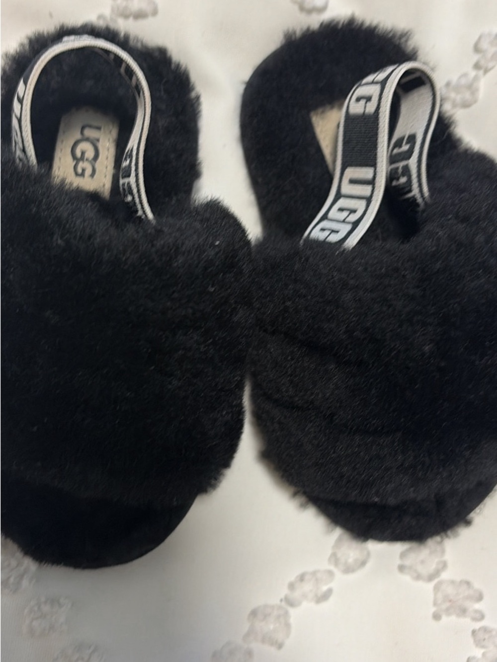 UGG Kids Black Fluff Slide Sandals with Branded Heel Strap
